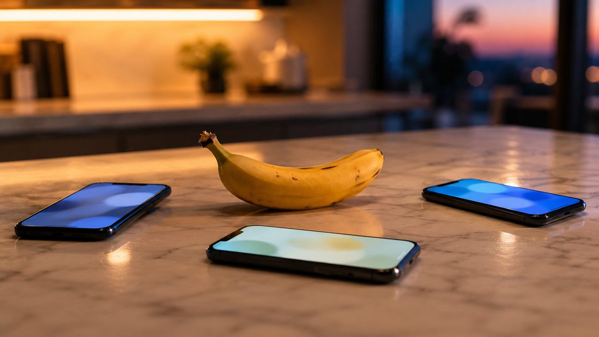 Three phones showing different calorie results for the same banana