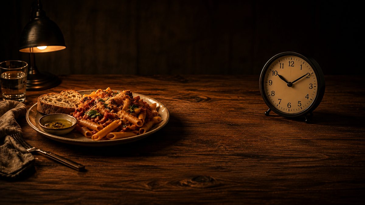 Plate of pasta beside a clock, showing fasting and calorie deficit together