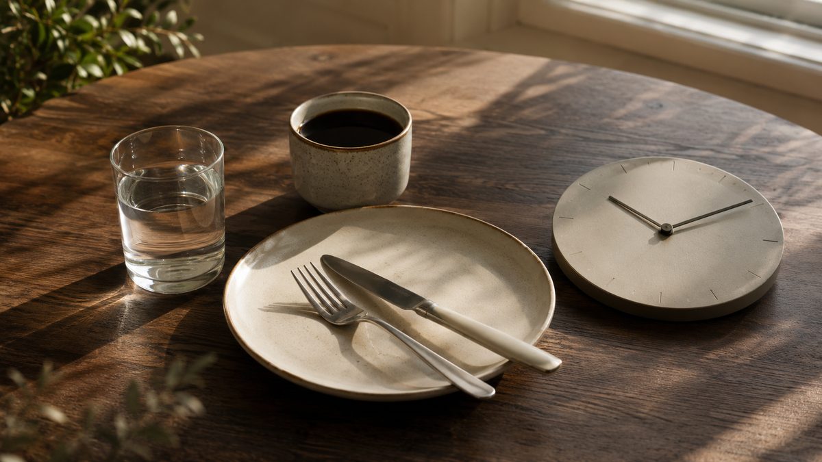 Empty plate, water and clock representing the 16:8 fasting window