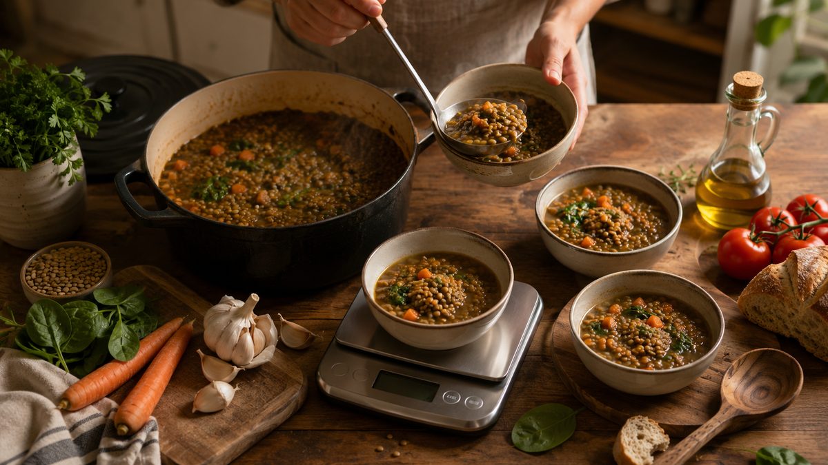 Homemade lentil stew served into bowls next to a kitchen scale