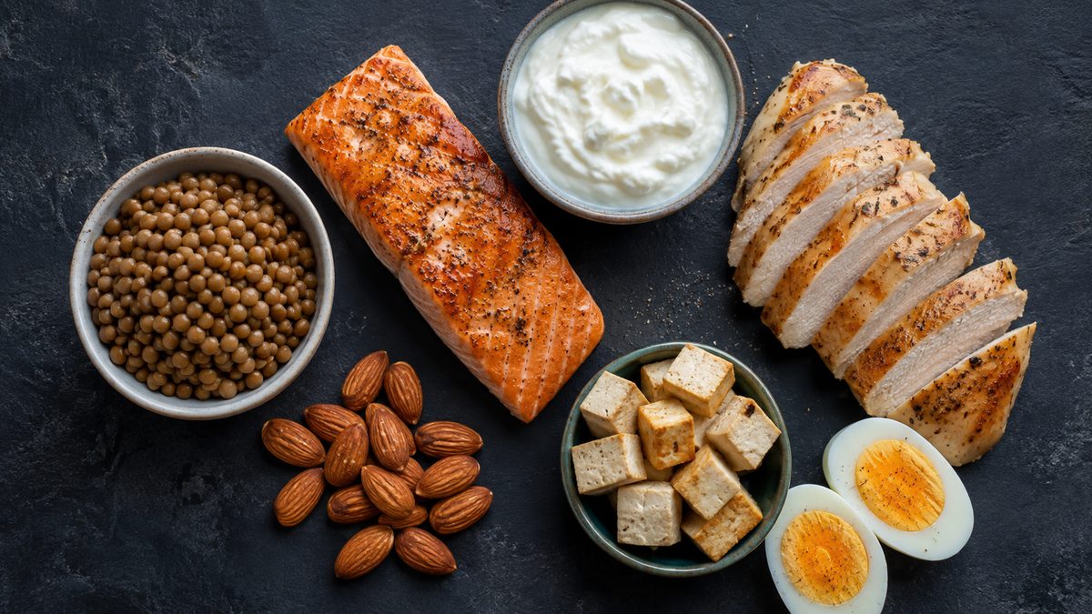 High-protein foods: salmon, chicken, eggs, yoghurt, tofu and lentils