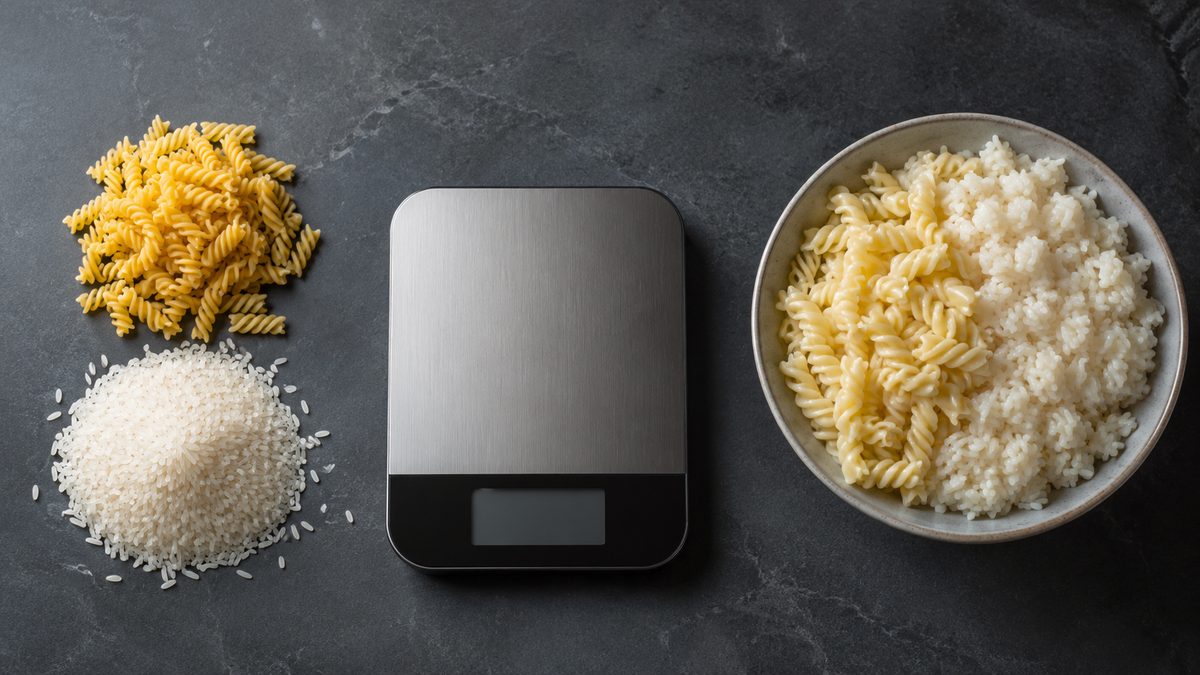 Raw and cooked pasta and rice next to a kitchen scale