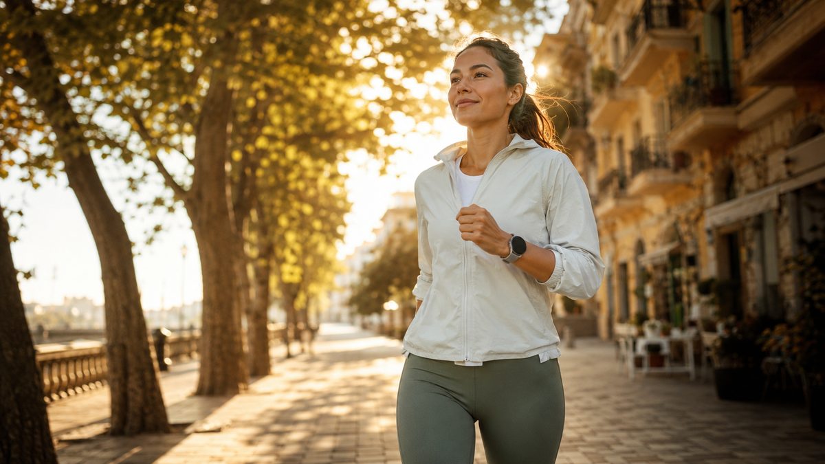 Woman walking outdoors with a smartwatch tracking her steps