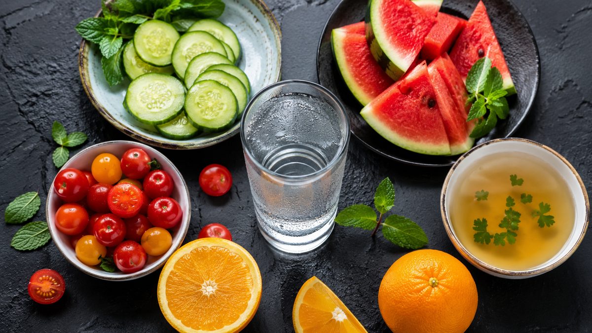 Glass of water surrounded by hydrating foods like watermelon and cucumber